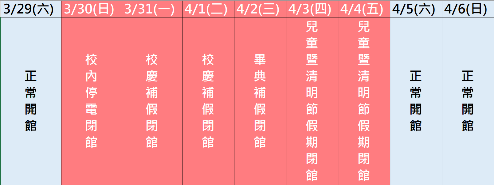 連假開閉館時間表